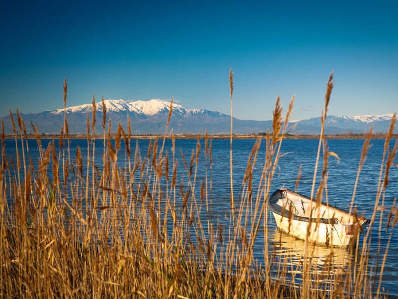 Les Etangs de Canet saint Nazaire en Roussillon avec la vue sur le canigou